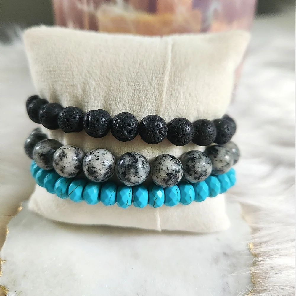 NWT Ryze Natural Lava Stone, Druzy, Larvikite, & Turquoise Bead Staxx Bracelets - Picture 4 of 6